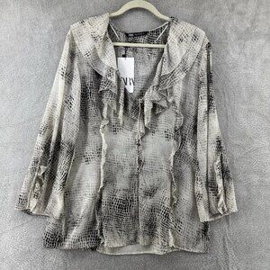 ZARA Top Womens XL Beige Snake Print Ruffle V-Neck Long Sleeve Button